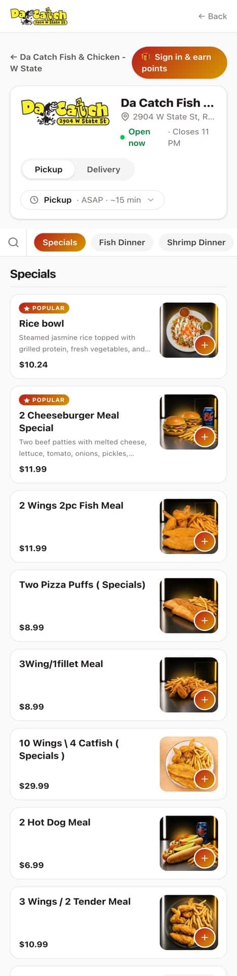 The same restaurant's mobile ordering menu — pickup or delivery, ASAP or scheduled