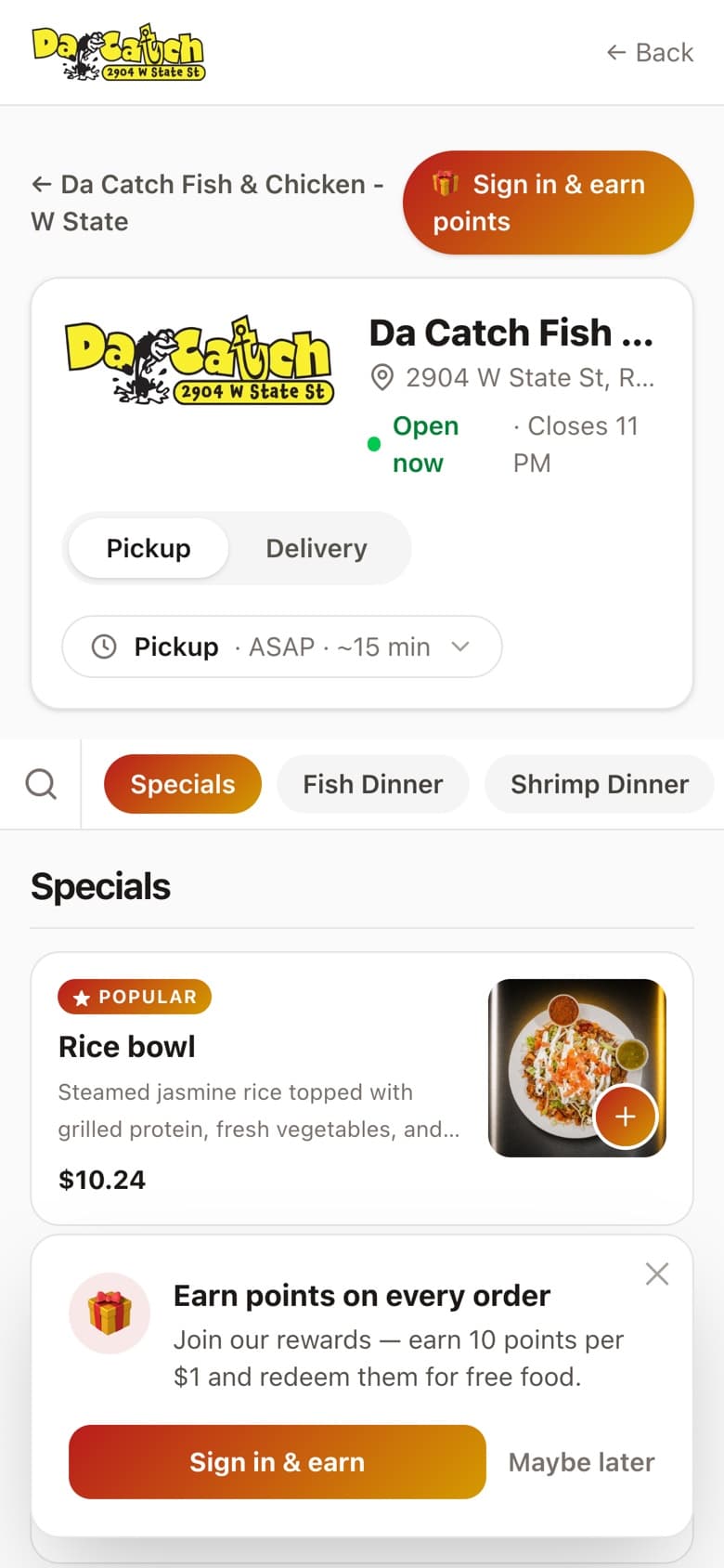 The same restaurant's mobile ordering menu — pickup or delivery, ASAP or scheduled