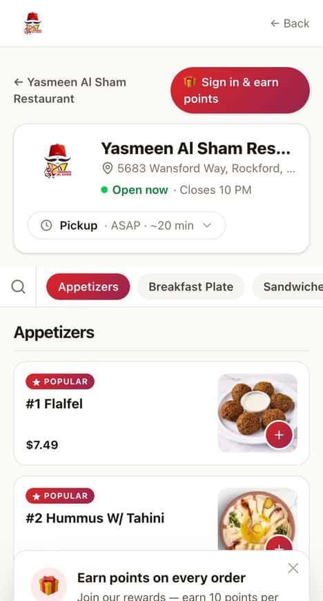The same restaurant's mobile ordering menu — pickup or delivery, ASAP or scheduled